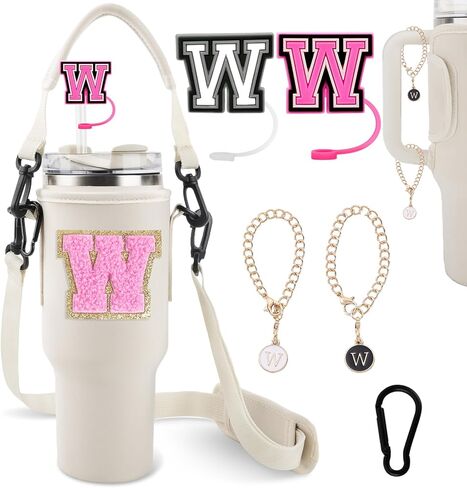 Initial A-Z Water Bottle Carrier Bag with Strap for Stanley 40oz Tumbler with 2 Letter Stanley Straw Topper Covers & 2 Letter Charms,Personalized Water Bottle Holder Sleeve for Stanley Cup Accessories in Kuwait