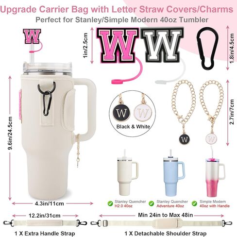 Initial A-Z Water Bottle Carrier Bag with Strap for Stanley 40oz Tumbler with 2 Letter Stanley Straw Topper Covers & 2 Letter Charms,Personalized Water Bottle Holder Sleeve for Stanley Cup Accessories in Kuwait