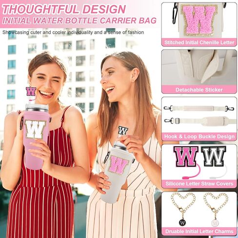 Initial A-Z Water Bottle Carrier Bag with Strap for Stanley 40oz Tumbler with 2 Letter Stanley Straw Topper Covers & 2 Letter Charms,Personalized Water Bottle Holder Sleeve for Stanley Cup Accessories in Kuwait