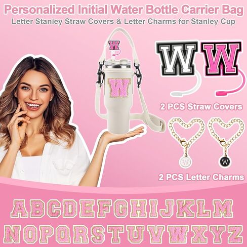 Initial A-Z Water Bottle Carrier Bag with Strap for Stanley 40oz Tumbler with 2 Letter Stanley Straw Topper Covers & 2 Letter Charms,Personalized Water Bottle Holder Sleeve for Stanley Cup Accessories in Kuwait