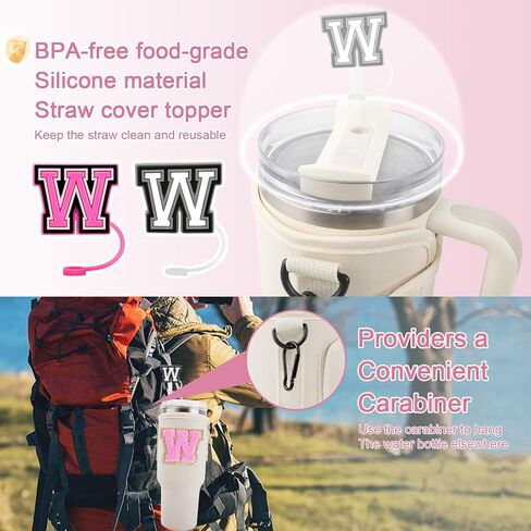 Initial A-Z Water Bottle Carrier Bag with Strap for Stanley 40oz Tumbler with 2 Letter Stanley Straw Topper Covers & 2 Letter Charms,Personalized Water Bottle Holder Sleeve for Stanley Cup Accessories in Kuwait
