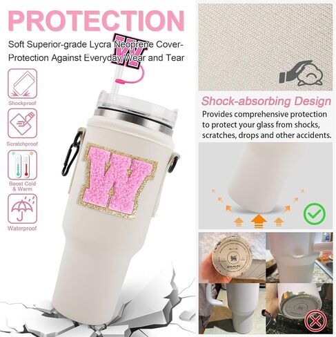 Initial A-Z Water Bottle Carrier Bag with Strap for Stanley 40oz Tumbler with 2 Letter Stanley Straw Topper Covers & 2 Letter Charms,Personalized Water Bottle Holder Sleeve for Stanley Cup Accessories in Kuwait