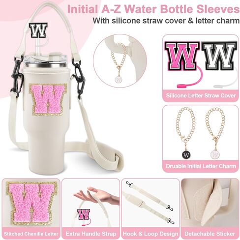 Initial A-Z Water Bottle Carrier Bag with Strap for Stanley 40oz Tumbler with 2 Letter Stanley Straw Topper Covers & 2 Letter Charms,Personalized Water Bottle Holder Sleeve for Stanley Cup Accessories in Kuwait