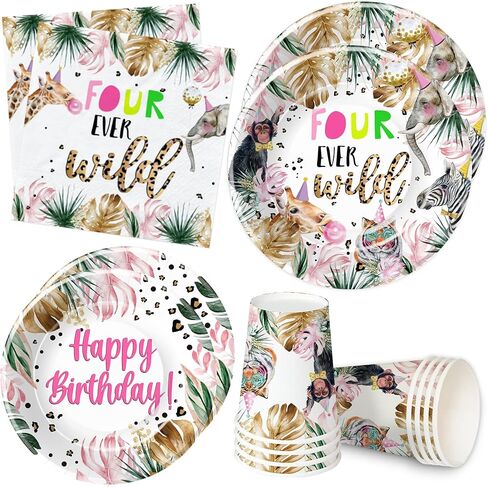 لوازم حفلات عيد الميلاد الرابع من Safari Jungle Animal - أربعة ديكورات عيد ميلاد للفتيات من أي وقت مضى، أطباق وأكواب ومناديل، لوازم حفلات أعياد الميلاد بعمر 4 سنوات لديكورات حفلات الغابة | يخدم 24 in Kuwait
