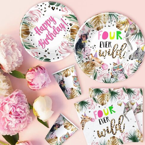 لوازم حفلات عيد الميلاد الرابع من Safari Jungle Animal - أربعة ديكورات عيد ميلاد للفتيات من أي وقت مضى، أطباق وأكواب ومناديل، لوازم حفلات أعياد الميلاد بعمر 4 سنوات لديكورات حفلات الغابة | يخدم 24 in Kuwait