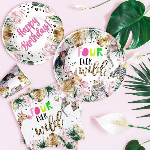 لوازم حفلات عيد الميلاد الرابع من Safari Jungle Animal - أربعة ديكورات عيد ميلاد للفتيات من أي وقت مضى، أطباق وأكواب ومناديل، لوازم حفلات أعياد الميلاد بعمر 4 سنوات لديكورات حفلات الغابة | يخدم 24 in Kuwait