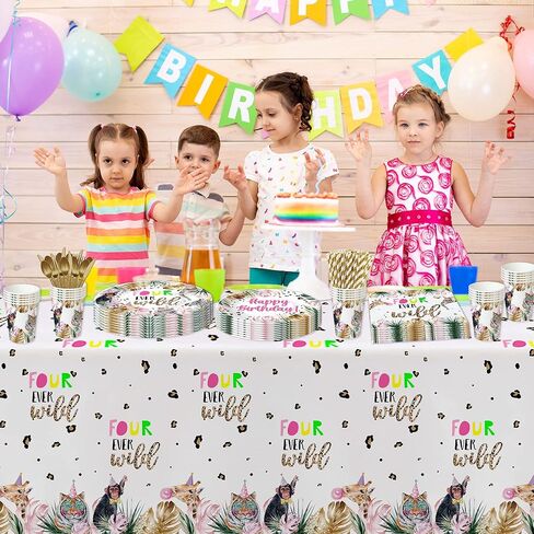 لوازم حفلات عيد الميلاد الرابع من Safari Jungle Animal - أربعة ديكورات عيد ميلاد للفتيات من أي وقت مضى، أطباق وأكواب ومناديل، لوازم حفلات أعياد الميلاد بعمر 4 سنوات لديكورات حفلات الغابة | يخدم 24 in Kuwait