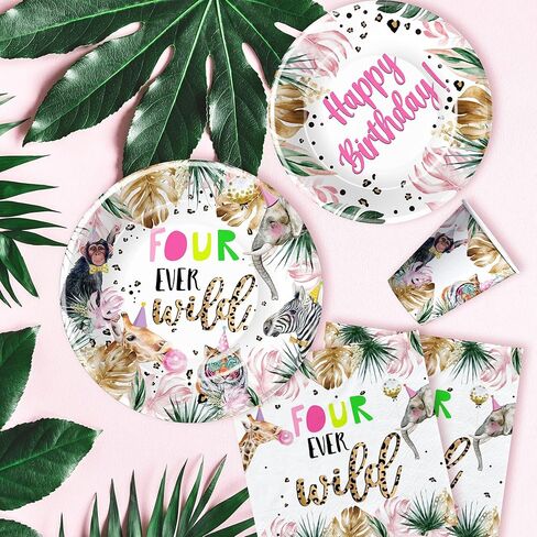 لوازم حفلات عيد الميلاد الرابع من Safari Jungle Animal - أربعة ديكورات عيد ميلاد للفتيات من أي وقت مضى، أطباق وأكواب ومناديل، لوازم حفلات أعياد الميلاد بعمر 4 سنوات لديكورات حفلات الغابة | يخدم 24 in Kuwait