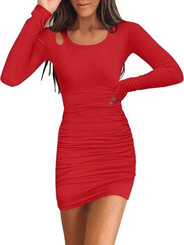 Women's Sexy Ribbed Cutout Dress Crew Neck Slim Fit Long Sleeve Bodycon Mini Dresses in Saudi Arabia