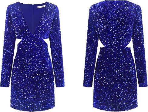R.Vivimos Womens Glitter Sequin Party Dresses Fall Winter Long Sleeve Sexy Deep V Neck Cut Out Sparkly Club Velvet Mini Dress in Saudi Arabia