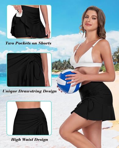 WOWENY Womens High Waisted Swim Skirts with Built-in Shorts Ruffle Adjustable Drawstring Bathing Suit Botttom Swim Skort in Kuwait