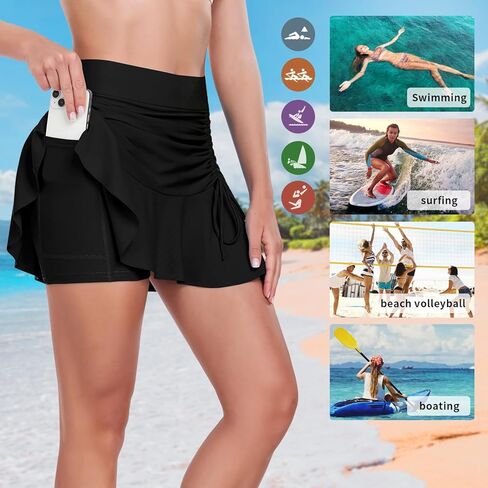 WOWENY Womens High Waisted Swim Skirts with Built-in Shorts Ruffle Adjustable Drawstring Bathing Suit Botttom Swim Skort in Kuwait