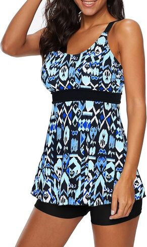 Zando Plus Size Womens Tankini Swimwuits for Women Tummy Control Bathing Suits 2 Piece Swimsuit Printed Floral Modest Swimwear Women's Swimdress Bathing Suit Top with Boyshorts Blue Trible Pattern 3XL in Kuwait