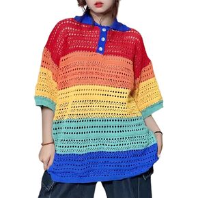 Women's Rainbow Hollow Out Sweatshirt Half Sleeve Harajuku Knit Crochet T-Shirt See Through Oversized Top