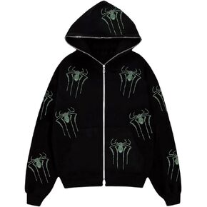Women Men Gothic Graphic Printed Hoodies Y2K Zip Up Jacket Oversized Casual Grunge Streetwear