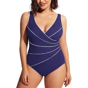 DELIMIRA Women's Slimming Swimwear One Piece Piped Swimsuit Plus Size Bathing Suit