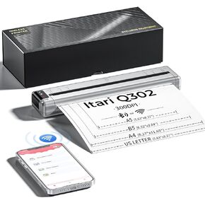 طابعة حرارية Itari Q302 WiFi بدون حبر، طابعات محمولة لاسلكية للسفر مع الشحن العكسي، طابعة هاتف 300DPI مطورة تدعم الحروف الأمريكية/A4/B5/A5، طابعة صغيرة للمكتب المنزلي المحمول