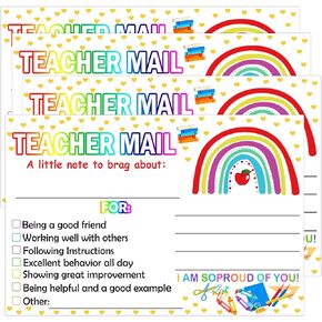 Rainbow Happy Mail Teacher Notes to Parents Classroom Good Behavior Incentive Motivational Cards 50 Pcs Motivational Notes Positive Postcards for Home,Preschool, Kindergarten, Elementary School