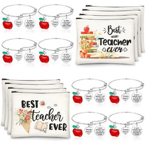 Highergo 16 Pcs Teacher Appreciation Gift Set for Women, 8 Teacher Makeup Pouch Cosmetic Bags and 8 Teacher Bangle Bracelets, Graduation End of Year Thank You Gifts for Teacher (Heart Style)