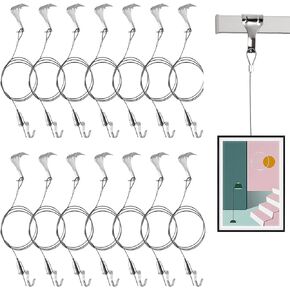 14 Pack Picture Rail Hanging Kit, Sturdy Stainless Steel Adjustable Wire Hooks Kit, 66 lb(30 kg) Max Load Capacity Wall Hanging System for Frames Picture Artwork Display kit Silver