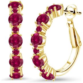 Gem Stone King 18K Yellow Gold Plated Silver Red Created Ruby Hoop Earrings For Women (2.90 Cttw, Round 4MM and 1.9MM, Gemstone Birthstone 1 Inch Diameter)