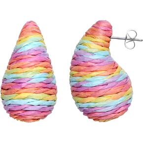 Chunky Raffia Teardrop Hoop Earrings for Women Girls Boho Summer Beach Drop Earrings Lightweight Trendy Jewelry