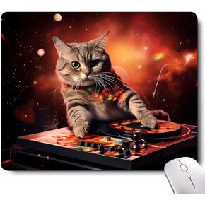 Funny Cat Mouse Pad Square Cute Mouse Pads for Wireless Mouse,Cute Cat DJ Galaxy Space Small Office Computer Mousepad for Desk Laptop with Non-Slip Rubber Base Mouse Mat Office Supplies Desk Pad