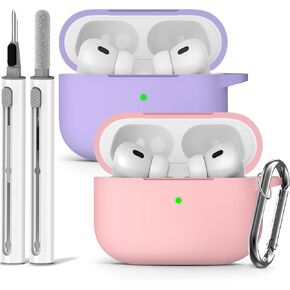 2 Pack AirPod Pro Case Cover with Cleaner Kit,Soft Silicone Protective Case for Apple AirPod Pro 2nd/1st Generation Case for Women Men,AirPods Pro Case Accessories with Keychain (Black+Lake Blue)