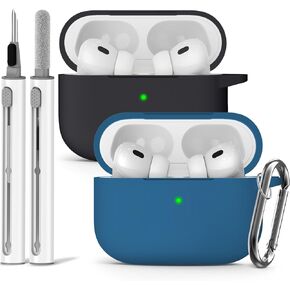 عبوتان من غطاء حافظة AirPod Pro مع مجموعة أدوات تنظيف، حافظة واقية من السيليكون الناعم لحافظة Apple AirPod Pro الجيل الثاني/الأول للنساء والرجال، ملحقات حافظة AirPods Pro مع سلسلة مفاتيح (وردي + أزرق سماوي)