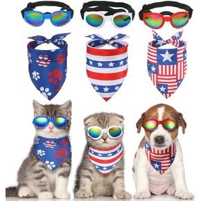 6 Ps 4th of July Dog Bandanas and Goggles Set, American Flag Pet Triangle Scarf Bibs Dog Eye Wear Sunglasses Independence Day Patriotic Pet Costume Accessories for Medium Dog Cat Pet Decoration