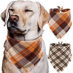 Fall Dog Bandana - Set of 2 Washable Reversible Square Plaid Pet Kerchief Scarf for Halloween
