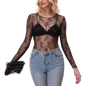 Bloggerlove Women's Long Sleeve Mesh Top Crew Neck Floral Embroidery Sheer Blouse See Through Floral Lace Tops