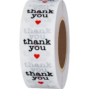 ملصقات Hybsk Thanks You مع قلب أسود مقاس 1 بوصة مستديرة 1000 ملصق لاصق لكل لفة (مادة شفافة)