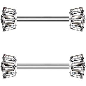 Pierced Owl 14GA ASTM F-136 Implant Grade Titanium Threadless Push-In Triple CZ Crystal Baguette Fan Ends Nipple Barbells, Sold as a Pair