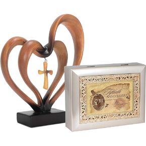 Cottage Garden Dicksons It Takes Three Heart and Cross 9.5 Inch Resin Stone Pedestal Table Top Decoration 50th Anniversary Golden Ornate Inlay Jewelry Music Box Plays Unchained Melody, 2-Piece Set