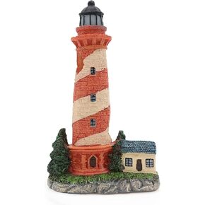 HRRIVE Aquarium Lighthouse Tower Country Style Painted Red and Beige Oblique Bands Fish Hiding Rock for Freshwater Marine Fish Tank Decoration
