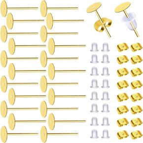 TOAOB 300pcs Hypoallergenic Gold Stainless Steel Earring Posts 5mm Flat Pad Blanks Pin Studs with Clear Rubber Earring Backs and Butterfly Earring Backs for Jewelry Making DIY