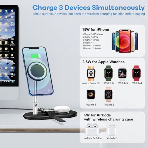 3 in 1 Magnetic Wireless Charger, Adjustable Charging Station for Apple iPhone/iWatch/Airpods, Compatible with iPhone iPhone 14 13 12 Pro Max Mini, Airpods 3/2/Pro, iWatch 7/6/SE/5/4/3/2 in Saudi Arabia