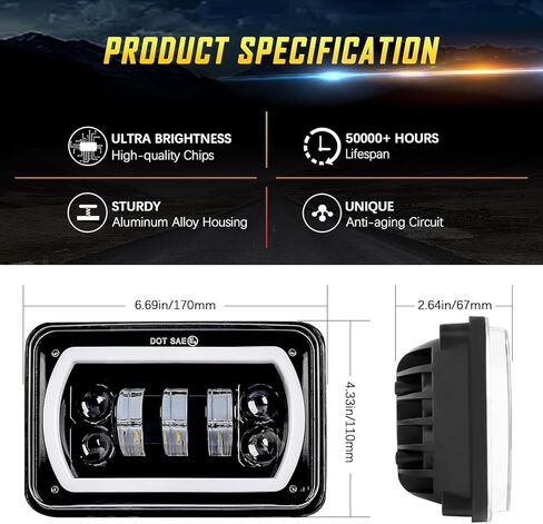 مصابيح أمامية LED 4×6 معتمدة من وزارة النقل H4651 H4652 H4656 بديلة مناسبة لـ Peterbilt 379 Kenworth Freightinger Probe Oldsmobile Cutlass... (Style-A) in Kuwait