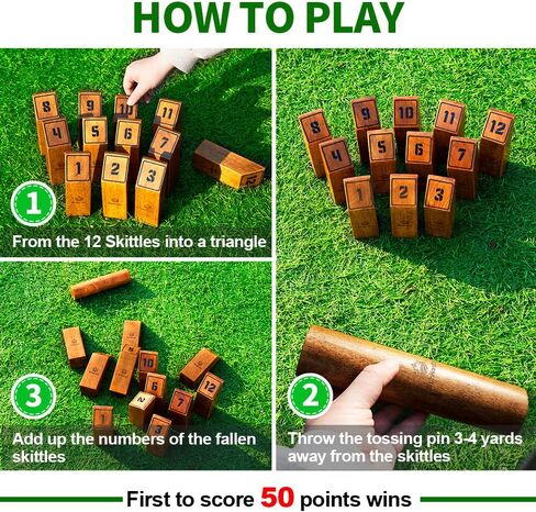 Wooden Throwing Game Set, Numbered Block Toss Games with 1 x Scoreboard,12 x Premium Rubber Wood Pins & 1 x Dowel, Outdoor Backyard Lawn Bowling Yard Game for Kids, Adults & Family in Saudi Arabia