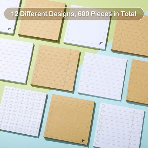 12 Pcs Lined Sticky Notes Grids Self Stick Notepads 600 Sheets 3 x 3 Inch Post Memo Pad Cute to Do List Notepad for Office Home School Supplies, Strong Adhesive, 6 Designs (Kraft Paper and White) in Saudi Arabia