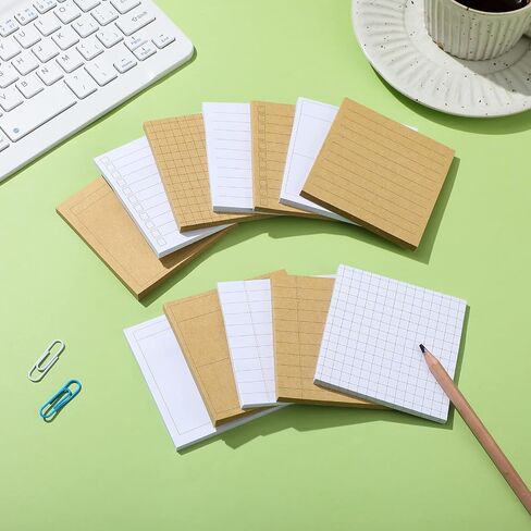 12 Pcs Lined Sticky Notes Grids Self Stick Notepads 600 Sheets 3 x 3 Inch Post Memo Pad Cute to Do List Notepad for Office Home School Supplies, Strong Adhesive, 6 Designs (Kraft Paper and White) in Saudi Arabia