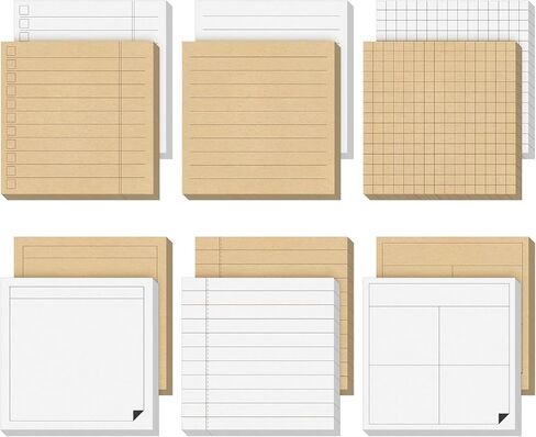 12 Pcs Lined Sticky Notes Grids Self Stick Notepads 600 Sheets 3 x 3 Inch Post Memo Pad Cute to Do List Notepad for Office Home School Supplies, Strong Adhesive, 6 Designs (Kraft Paper and White) in Saudi Arabia