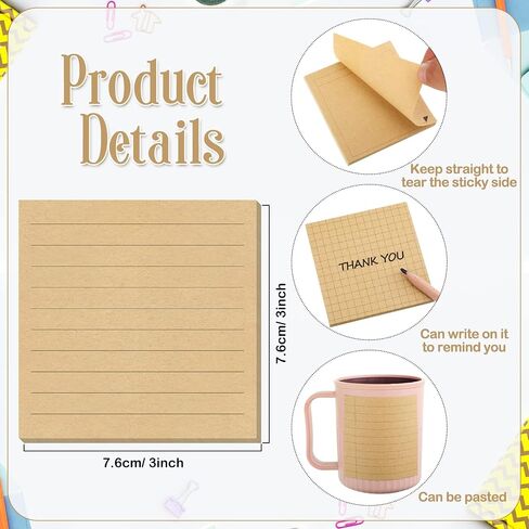 12 Pcs Lined Sticky Notes Grids Self Stick Notepads 600 Sheets 3 x 3 Inch Post Memo Pad Cute to Do List Notepad for Office Home School Supplies, Strong Adhesive, 6 Designs (Kraft Paper and White) in Saudi Arabia