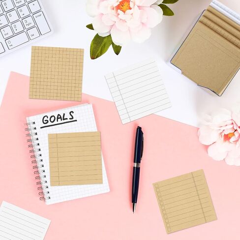 12 Pcs Lined Sticky Notes Grids Self Stick Notepads 600 Sheets 3 x 3 Inch Post Memo Pad Cute to Do List Notepad for Office Home School Supplies, Strong Adhesive, 6 Designs (Kraft Paper and White) in Saudi Arabia