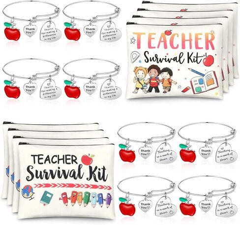 Highergo 16 Pcs Teacher Appreciation Gift Set for Women, 8 Teacher Makeup Pouch Cosmetic Bags and 8 Teacher Bangle Bracelets, Graduation End of Year Thank You Gifts for Teacher (Heart Style) in Kuwait