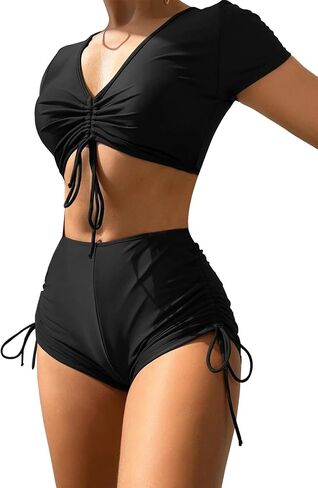 Lilosy High Waisted Tummy Control Drawstring Bikini Set Srting Swimsuit Short Sleeve Top and Tie Side Shorts 2 Piece in Saudi Arabia
