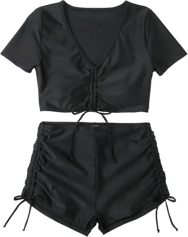 Lilosy High Waisted Tummy Control Drawstring Bikini Set Srting Swimsuit Short Sleeve Top and Tie Side Shorts 2 Piece in Saudi Arabia