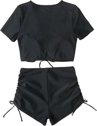 Lilosy High Waisted Tummy Control Drawstring Bikini Set Srting Swimsuit Short Sleeve Top and Tie Side Shorts 2 Piece in Saudi Arabia