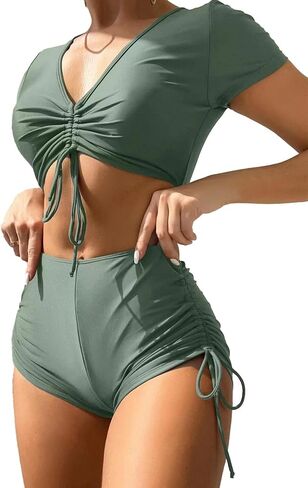 Lilosy High Waisted Tummy Control Drawstring Bikini Set Srting Swimsuit Short Sleeve Top and Tie Side Shorts 2 Piece in Saudi Arabia